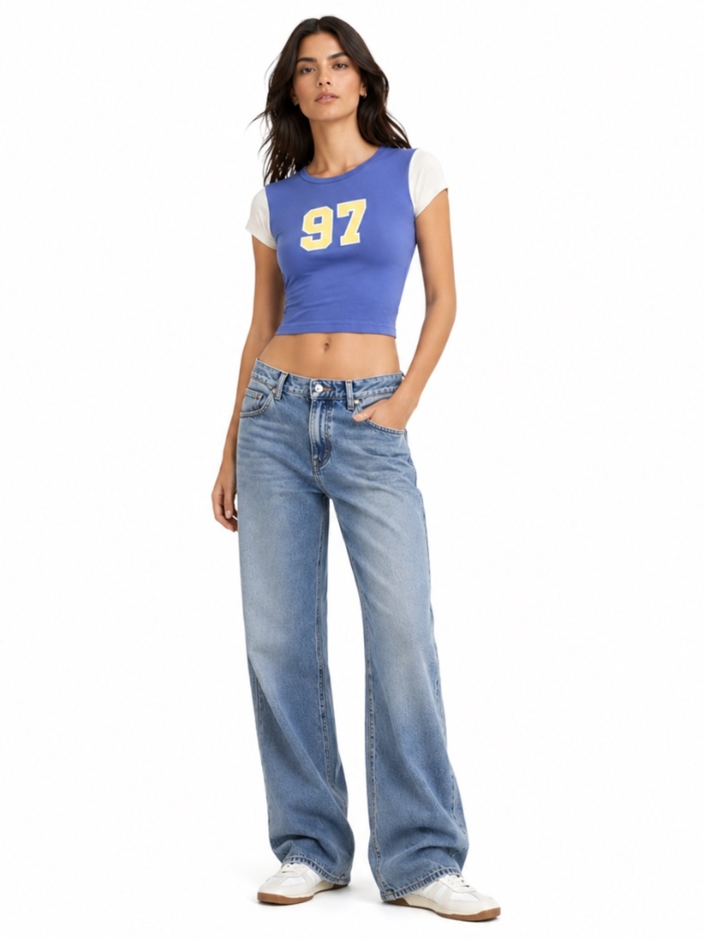 TNA Blue & White Cropped Baby Tee w Varsity Numbers – Size Small EUC